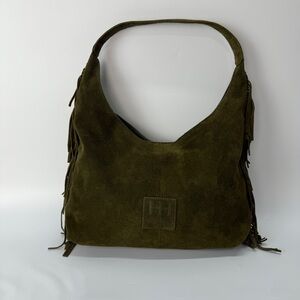 HAUTE HIPPIE Suede Leather Purse Olive Green Slouchy Hobo Fringe Western Bag